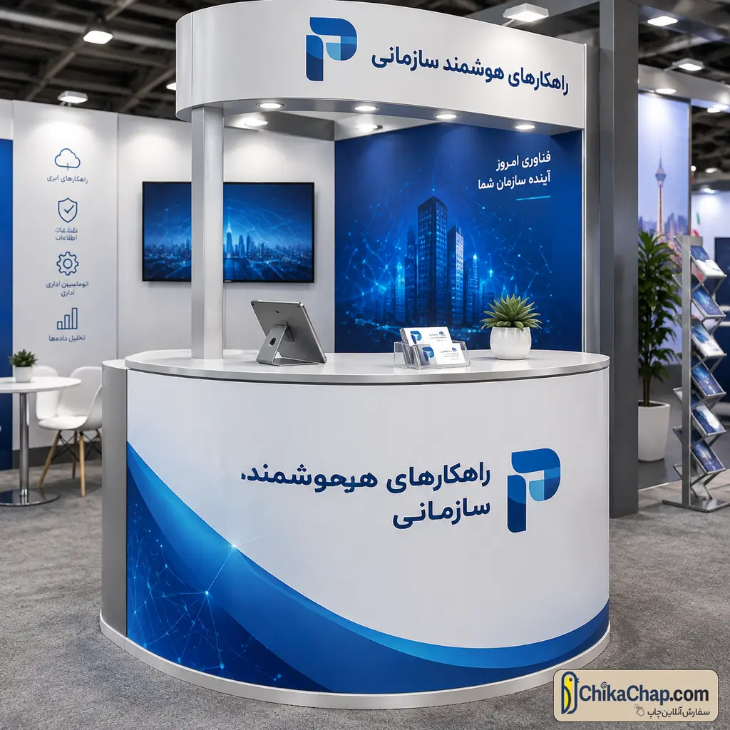 کانتر هدر دار نمایشگاهی تاشو برای معرفی محصول و غرفه با چاپ اختصاصی چیکاچاپ